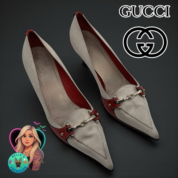 Gucci Womens Pumps US 8.5 B Gray Red Canvas Horsebit Pointed Toe Kitten Heel - Picture 13 of 13
